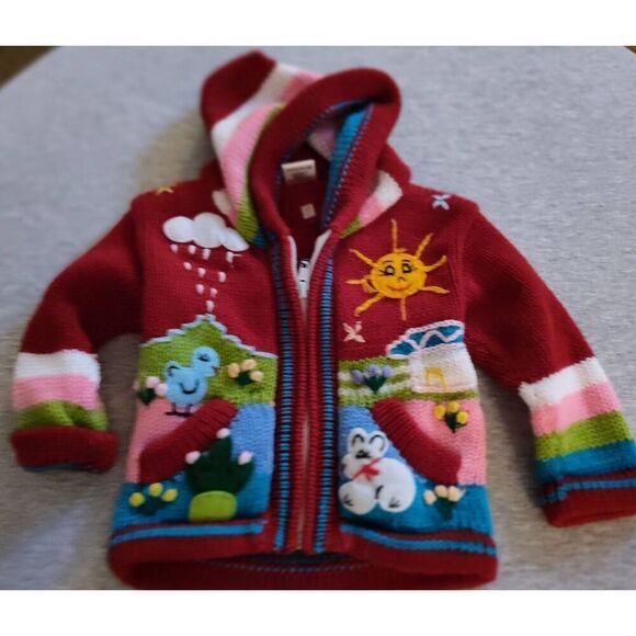 PERUVIAN HAND KNIT PATCHWORK HOODED ZIP UP RED SWEATER NEW
